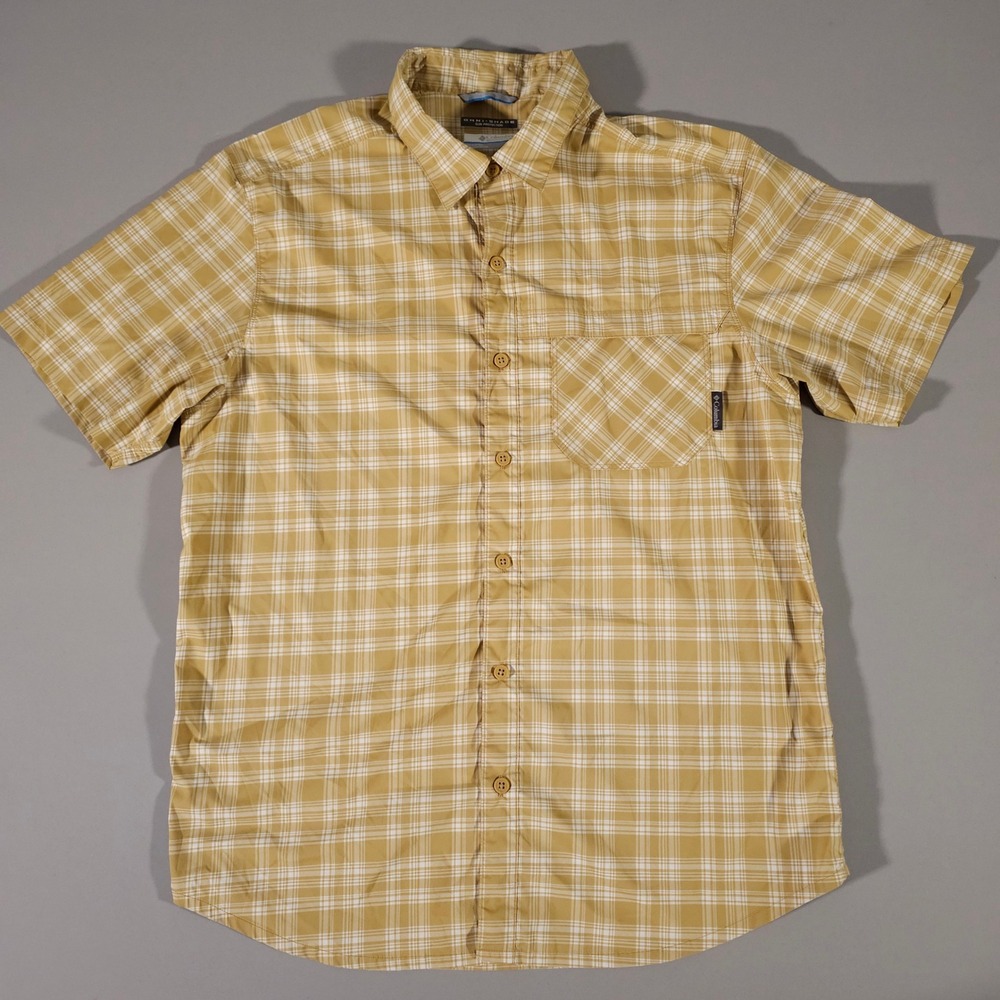 Columbia Button Down Mens Medium Yellow Plaid Omni-Shade Short Sleeve Shirt